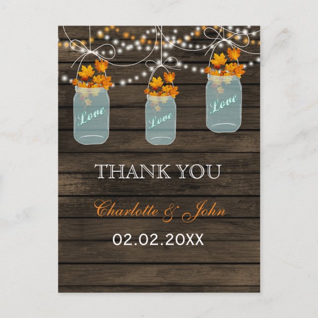 Barnwood  fall leaves mason jars Thank You notes Postcard (Front)