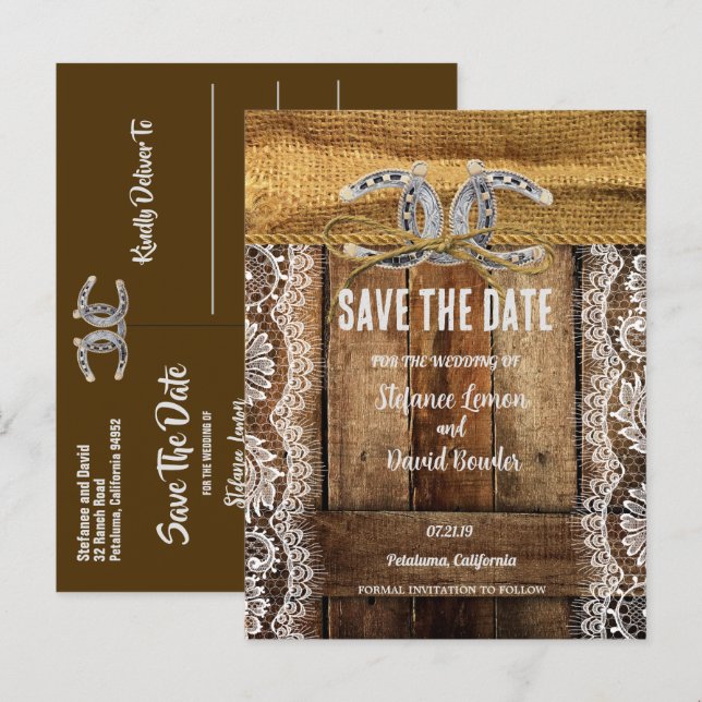 BARNWOOD, LACE & HORSESHOES SAVE THE DATE ANNOUNCEMENT POSTCARD (Front/Back)