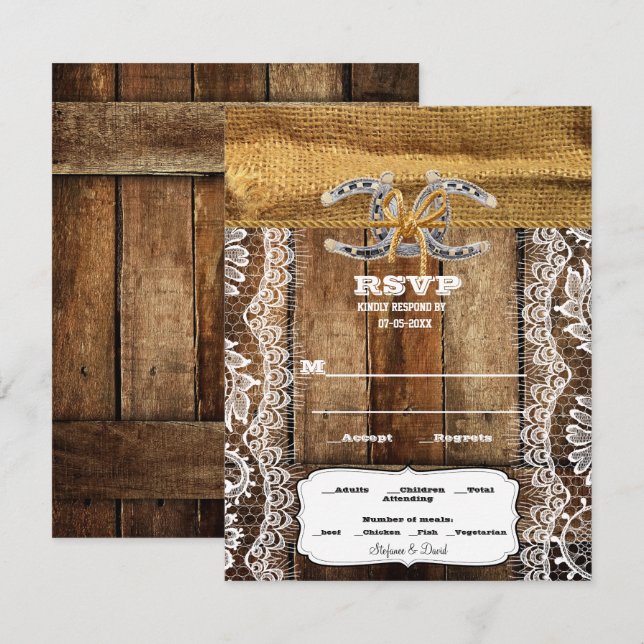 Barnwood, Lace & Horseshoes Wedding  RSVP Card (Front/Back)