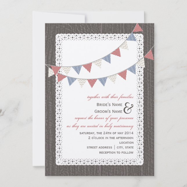 Barnwood & Lace Inspired With Bunting Wedding Invitation (Front)