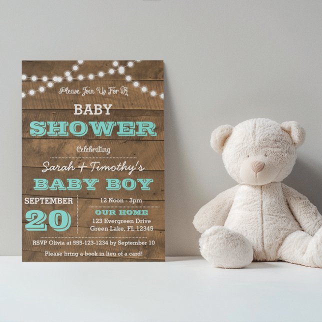 Barnwood Lights Aqua Baby Shower Invitation (Creator Uploaded)