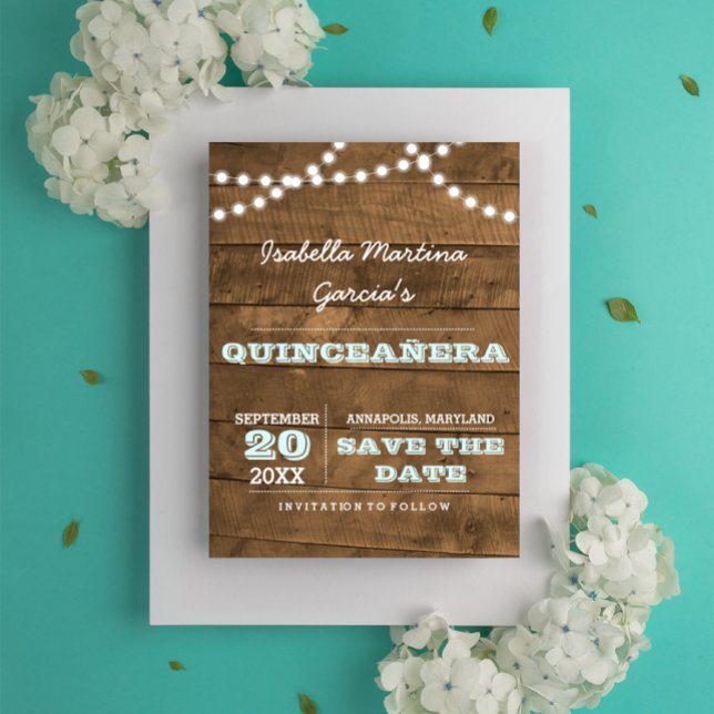 Barnwood Lights Aqua Quinceañera Save the Date Announcement Postcard (Creator Uploaded)