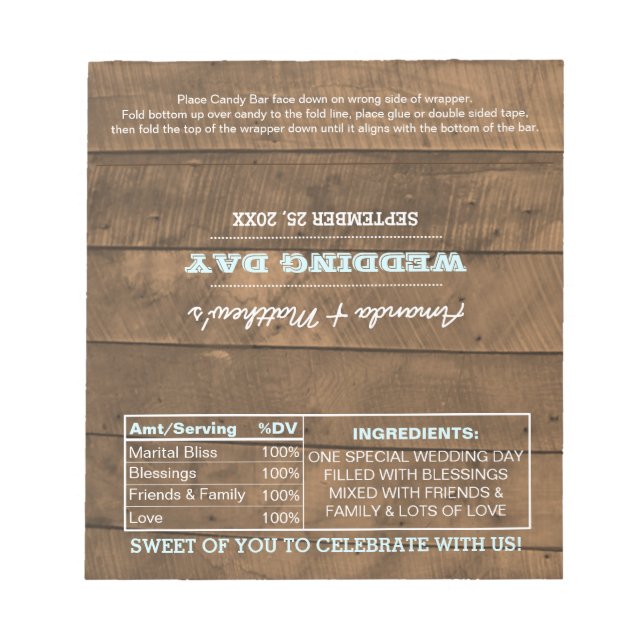 Barnwood Lights Aqua Wedding Favour Candy Wrappers Notepad (Front)