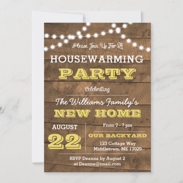 Barnwood Lights Golden Housewarming Invitation (Front)