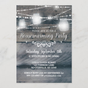 Barnwood Lights Jars Rustic Housewarming Party Invitation