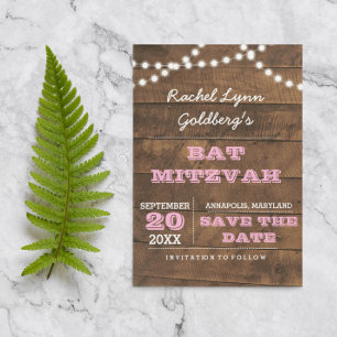 Barnwood Lights Pink Bat Mitzvah Save the Date Announcement Postcard