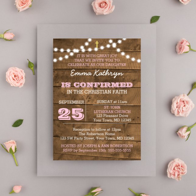 Barnwood Lights Pink Confirmation Invitation (Creator Uploaded)