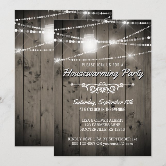 Barnwood Lights Rustic Housewarming Party Invitation (Front/Back)
