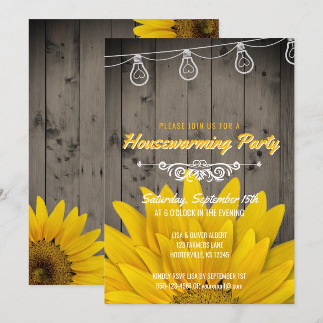 Barnwood Lights Rustic Sunflower Housewarming Invitation (Front/Back)