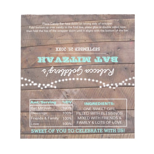 Barnwood Lights Teal Bat Mitzvah Candy Wrappers Notepad (Front)