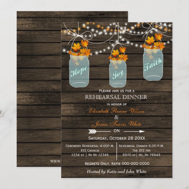 Barnwood,mason jar Fall rehearsal dinner invites (Front/Back)