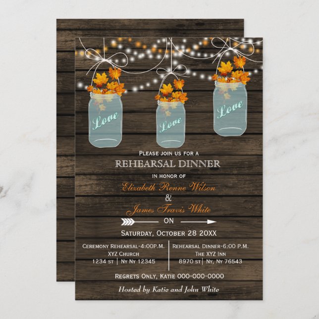 Barnwood,mason jar Fall rehearsal dinner invites (Front/Back)