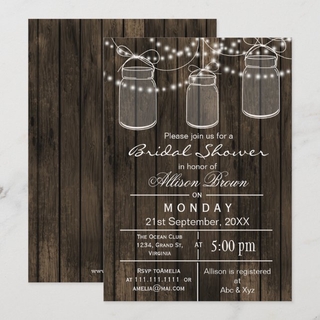 Barnwood mason jar rustic bridal shower invitation (Front/Back)