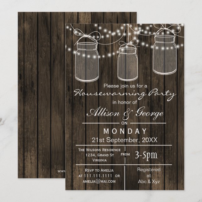 Barnwood mason jar rustic housewarming invites (Front/Back)