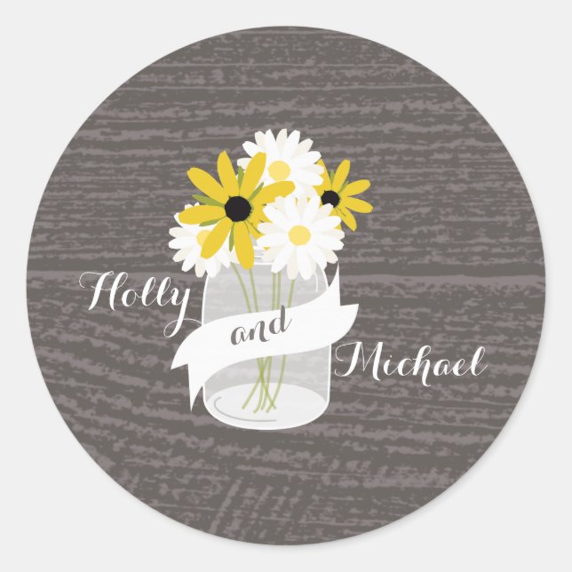 Barnwood + Mason Jar Wildflowers Wedding Sticker (Front)