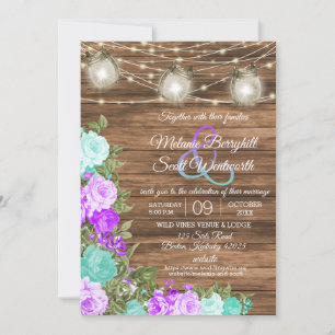 Barnwood, Mason Jars and Teal, Purple Floral Invitation