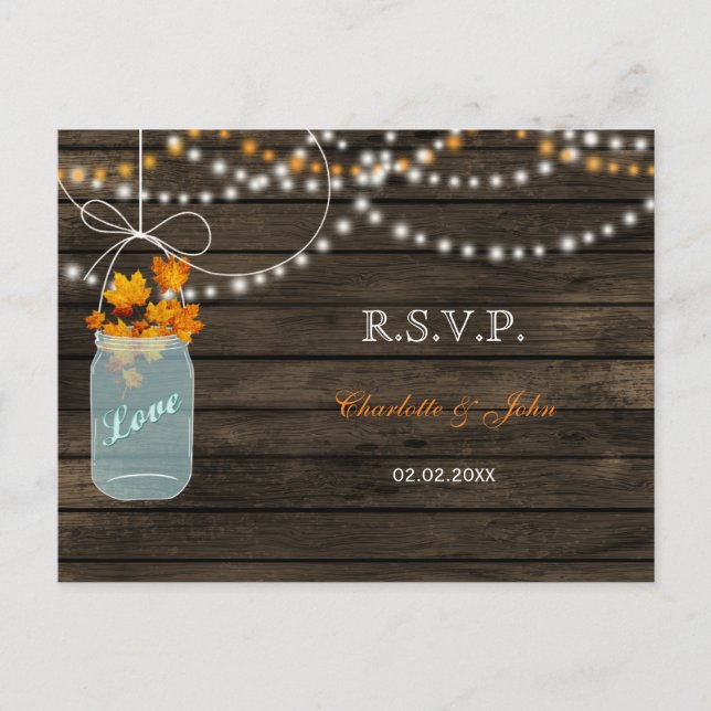 Barnwood mason jars fall wedding RSVP Invitation Postcard (Front)