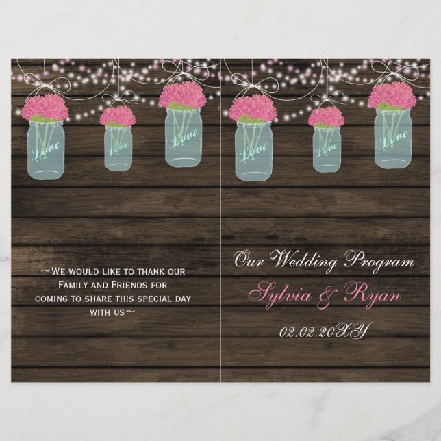 Barnwood mason jars, pink flowers programs folded (Front)
