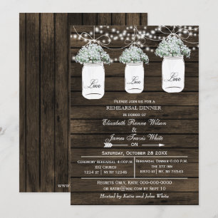 Barnwood mason jars rehearsal dinner invite