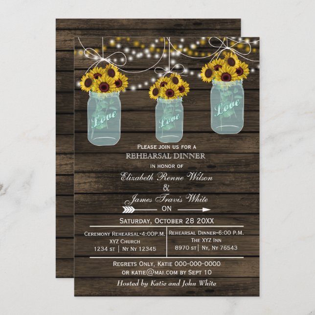 Barnwood mason jars rehearsal dinner invite (Front/Back)