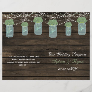 Barnwood mason jars, sage flowers programs folded