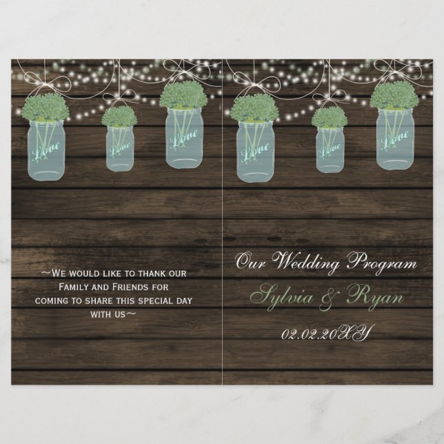 Barnwood mason jars, sage flowers programs folded (Front)