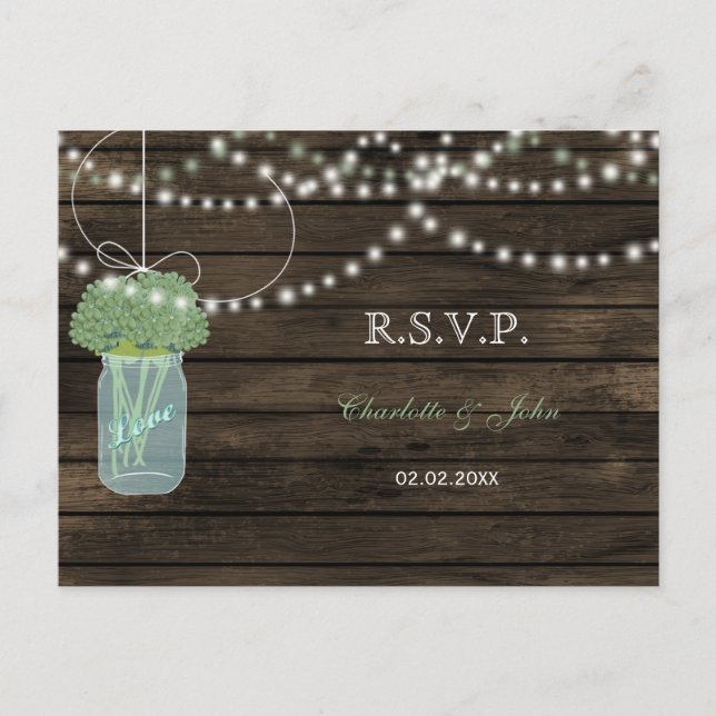 Barnwood mason jars sage wedding RSVP Invitation Postcard (Front)