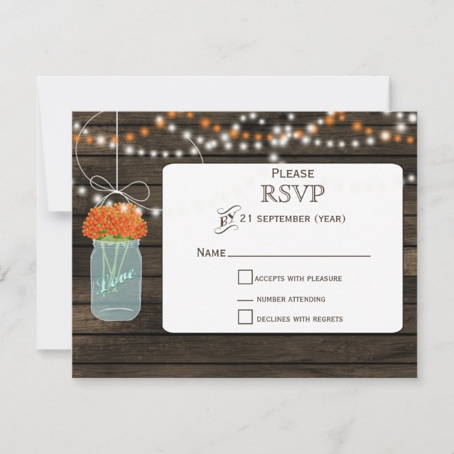 Barnwood orange flowers mason jars wedding RSVP (Front)