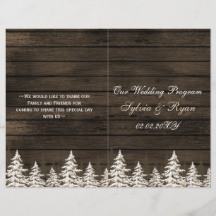 Barnwood Pine trees, winter wedding program folded