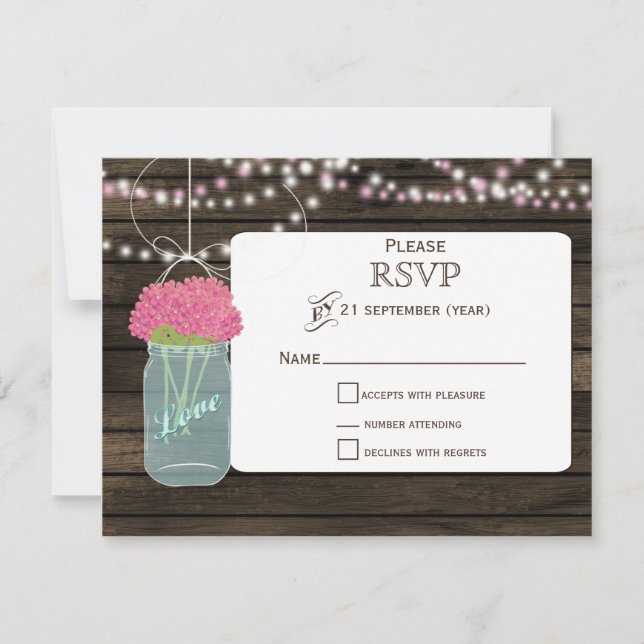 Barnwood  pink flowers mason jars wedding RSVP Card (Front)