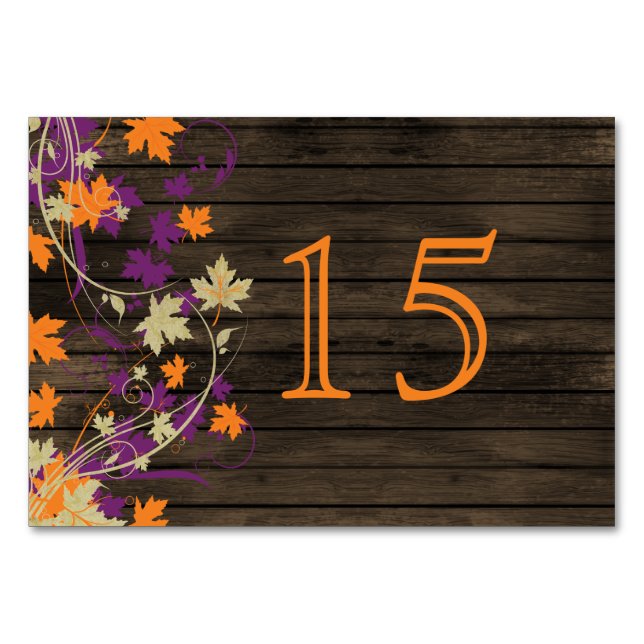 Barnwood plum fall leaves wedding table numbers (Front)
