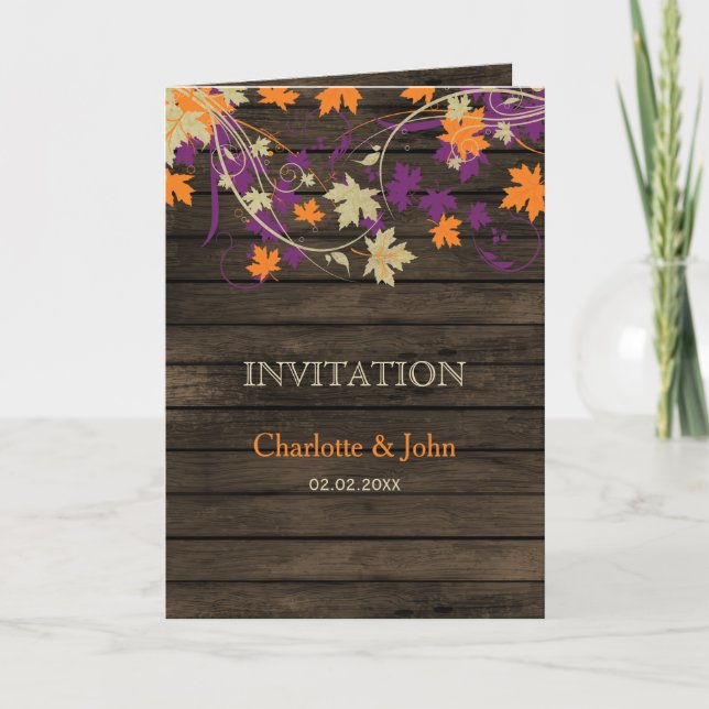 Barnwood, Rustic Fall plum leaves wedding invites (Front)