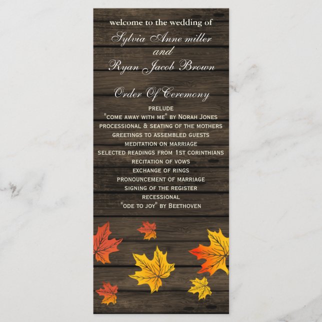 barnwood rustic fall wedding programs tea length programme (Front)