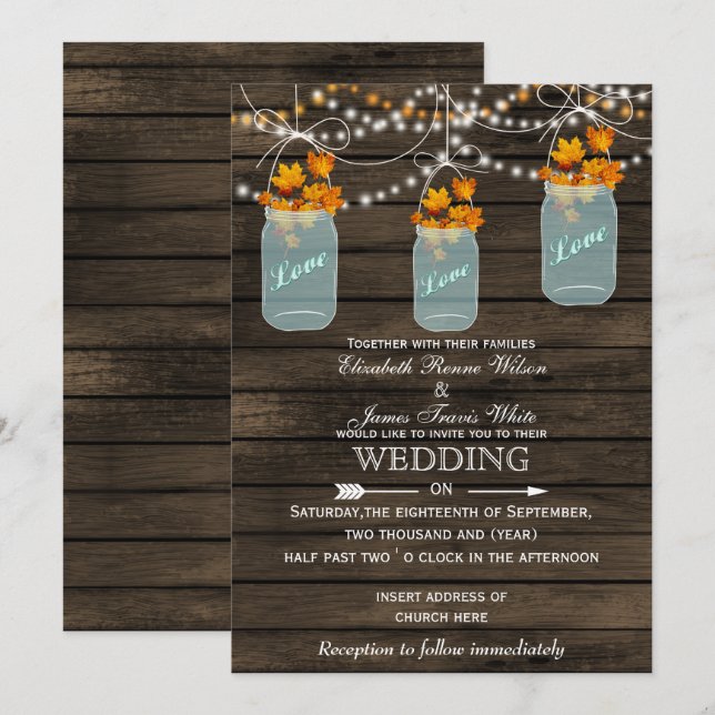 Barnwood, Rustic mason jar Fall wedding invitation (Front/Back)