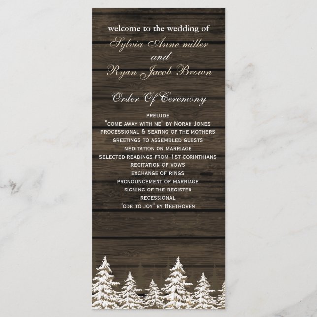 Barnwood Rustic Pine trees, winter wedding program Programme (Front)
