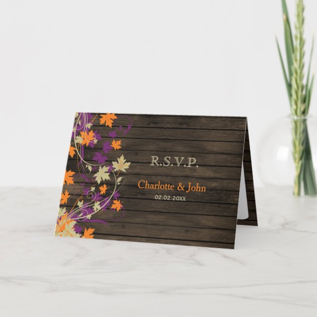 Barnwood Rustic plum fall leaves wedding RSVP Invitation (Front)