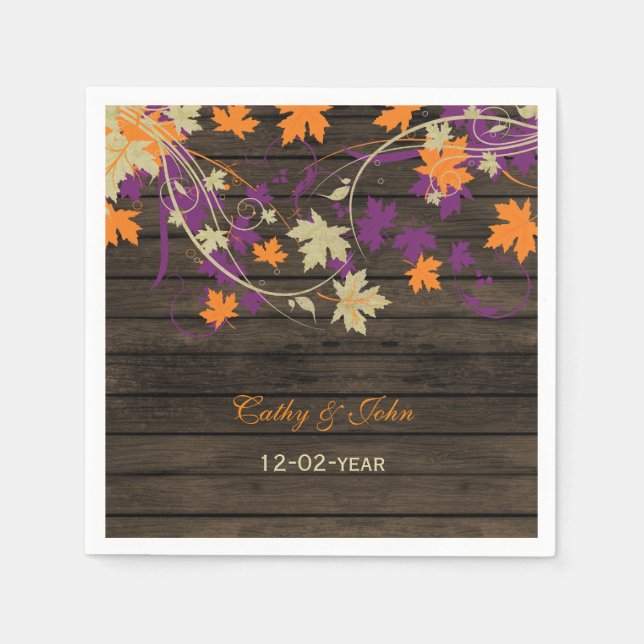 Barnwood Rustic plum personalised wedding napkin (Front)