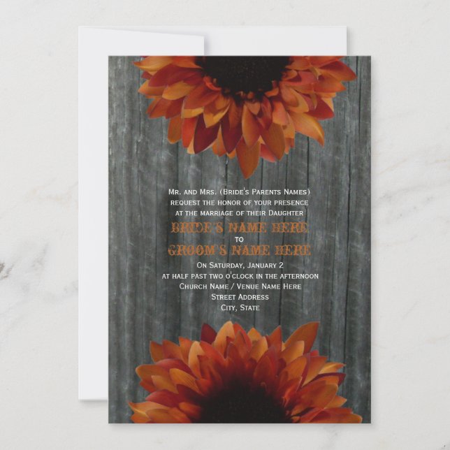 Barnwood & Sunflower Fall Wedding Invitation (Front)