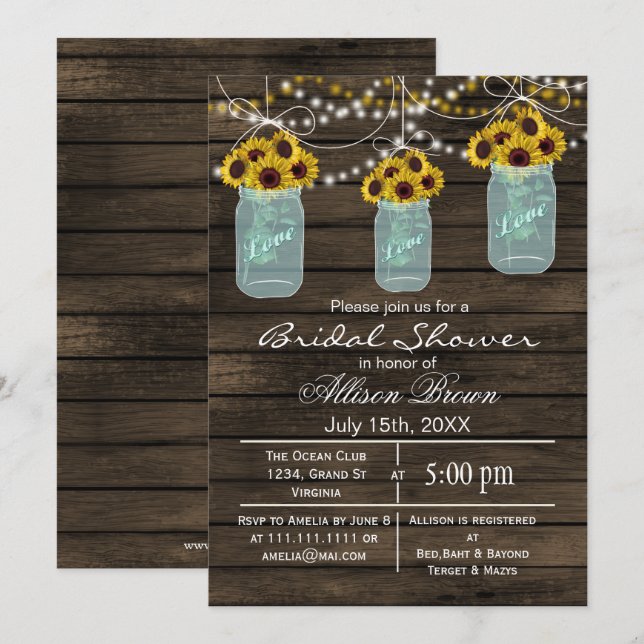 Barnwood sunflowers mason jar rustic bridal shower invitation (Front/Back)
