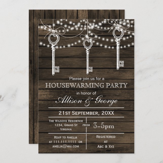 Barnwood vintage keys rustic housewarming invites (Front/Back)
