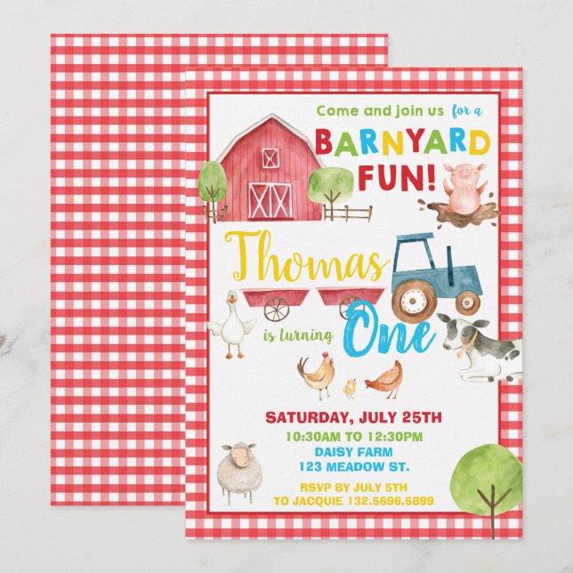 Barnyard 1st Birthday Party Cute Farm Animals Invitation (Front/Back)