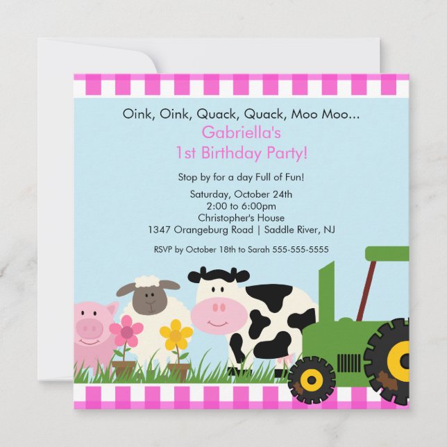 Barnyard Animal Fun Birthday Party Pink Girls Invitation (Front)