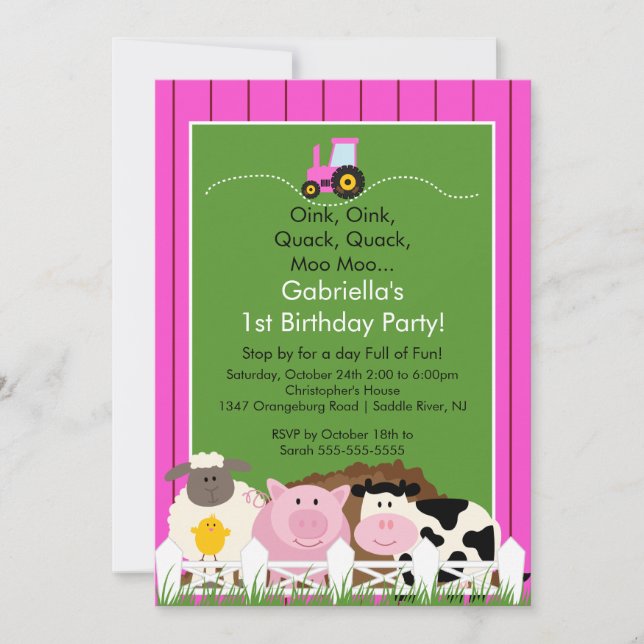 Barnyard Animal Fun Birthday Party Pink Girls Invitation (Front)