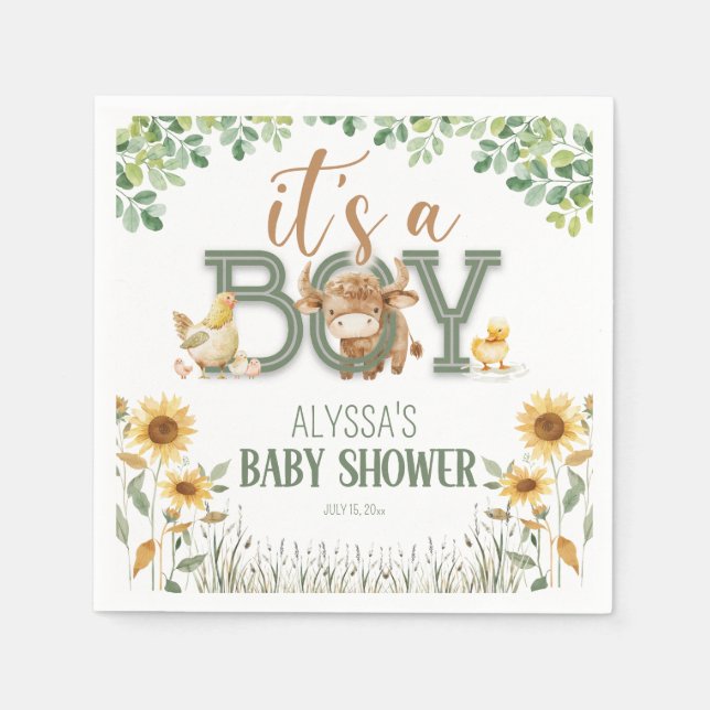 Barnyard Animals Baby Boy Baby Shower Napkin (Front)
