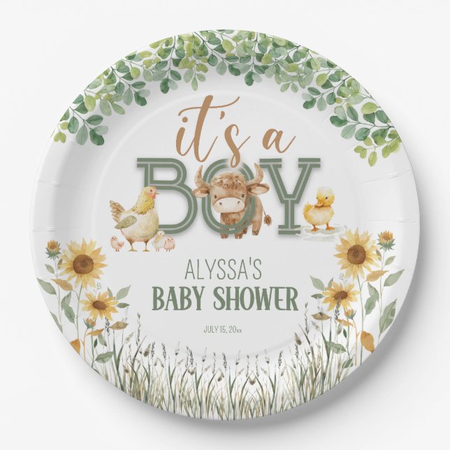 Barnyard Animals Baby Boy Baby Shower Paper Plate (Front)