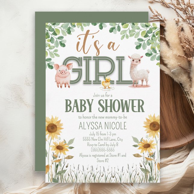 Barnyard Animals Baby Girl Baby Shower Invitation (Baby girl farm animal baby shower invitation)
