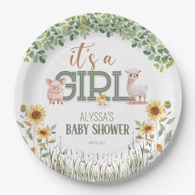 Barnyard Animals Baby Girl Baby Shower Paper Plate (Front)