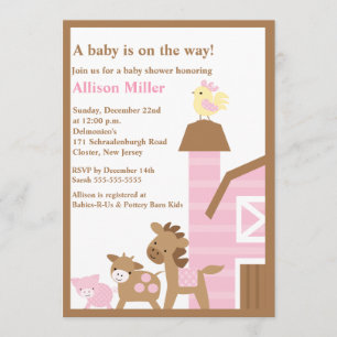 Barnyard Animals Baby Girl Shower Invitation