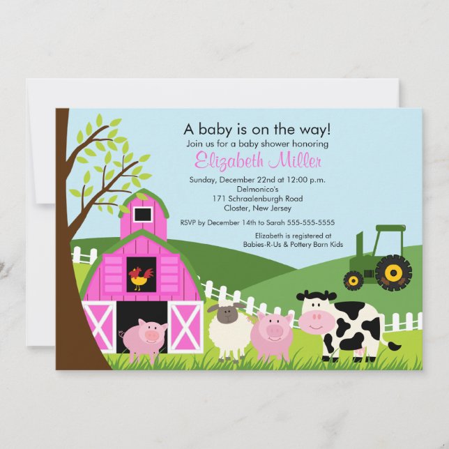 Barnyard Animals Baby Shower Invitation Pink Girl (Front)