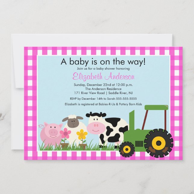Barnyard Animals Baby Shower Invitation Pink Girls (Front)